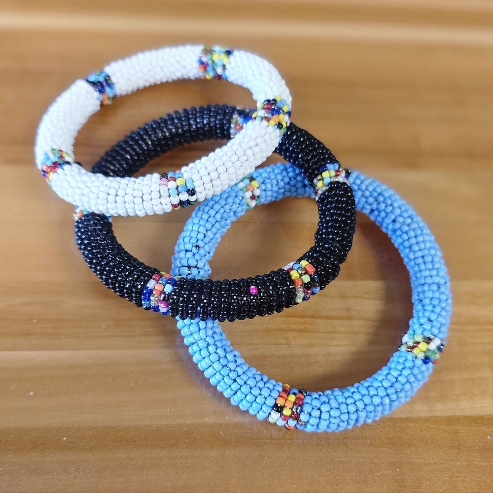 Maasai Bangles Glass Bead Western Bangle Bracelets Set of 3 blue black and white